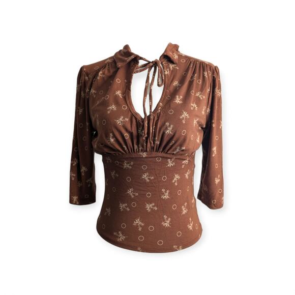 FREE PEOPLE Soraya Top Brown Floral Size XS Keyhole Neck Open Back - Picture 1 of 7